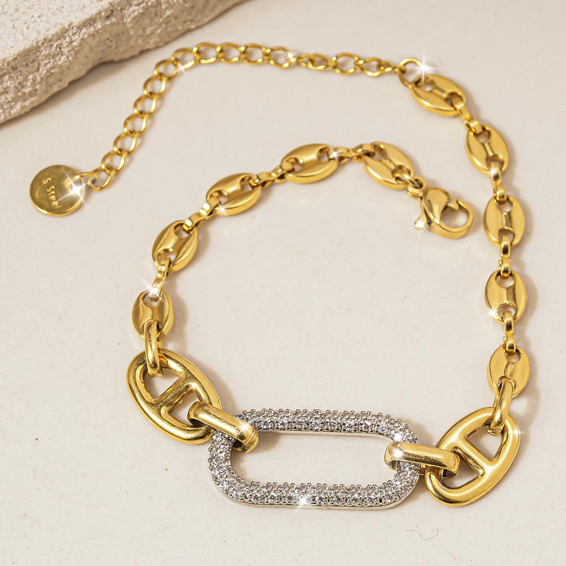 ANDKISS 18K Gold Bracelets for Women, Adjustable Waterproof Non-Tarnish Titanium Chain with Pavé AAA+ CZ Accent, Dainty Gold Plated Paperclip Bracelet Jewelry Valentine's Day Gifts