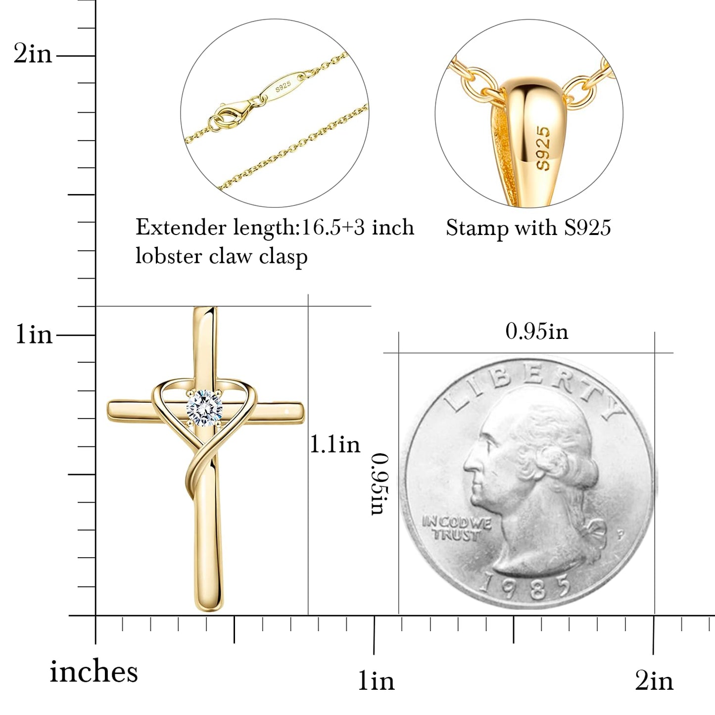 AmorAime 925 Sterling Silver Cross Necklace for Women Men 14K Gold Plated 5A CZ Birthstone Necklaces for Holiday (Z-Gold)