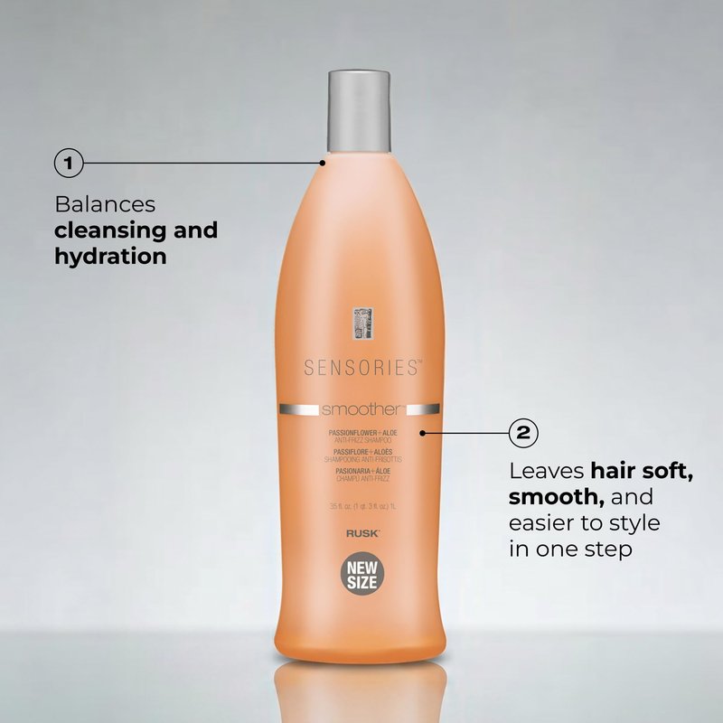 RUSK Sensories Smoother Passionflower and Aloe Smoothing Shampoo, Anti-Frizz Formula With Aloe Helps Smooth and Emollients Restore Moisture Balance, 35 fl. oz