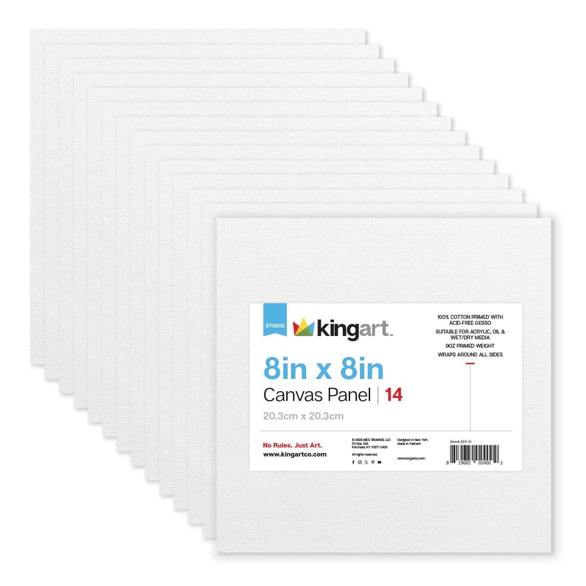 KINGART White 8" x 8" Artist Canvas Boards, Value Pack of 14 Square Panels, Gesso Primed - 100% Cotton, Art Supplies for Oil and Acrylic Painting