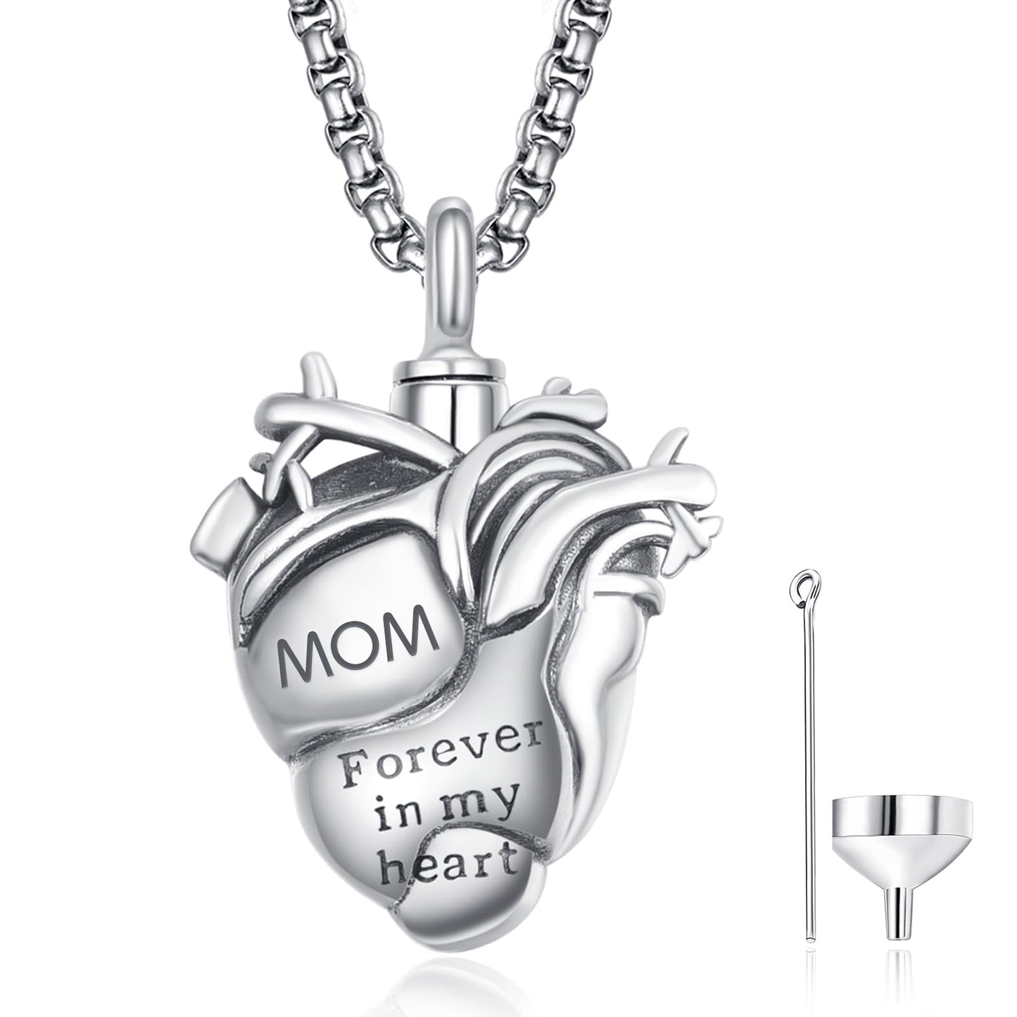 Anatomical Heart Urn Necklaces for Ashes Sterling Silver Ash Pendants Cremation Jewelry Mom Keepsake Pendant Memorial Jewelry Gifts for Loss of Mom