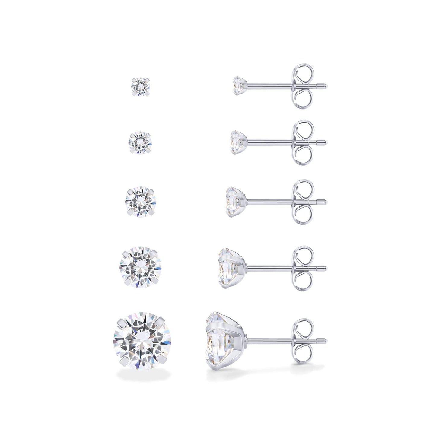 PAVOI Waterproof Five Pairs Stud Earrings for Women - Stainless Steel Pack of 5 Cubic Zirconia Earrings for Men and Women - Hypoallergenic Premium CZ Studs Set