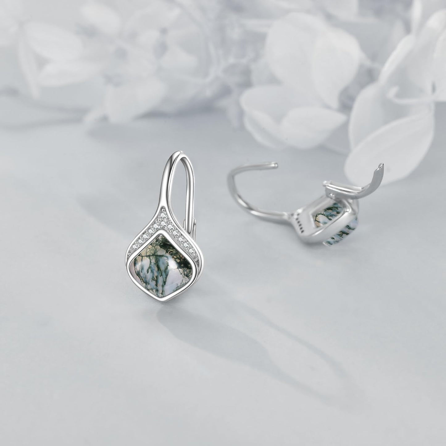 Moss Agate Drop Earrings Sterling Silver Natural Stone Teardrop Leverback Earrings Seaweed Agate Dangle Earrings Jewelry Christmas Gifts For Women