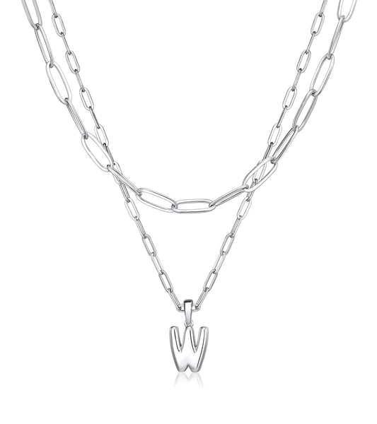 adoyi Silver Initial Necklace for Women 14k Gold Plated Layered Bubble Letter Necklaces Trendy Jewelry Chain Name W Pendant Necklace Stack Birthday Valentines Gifts