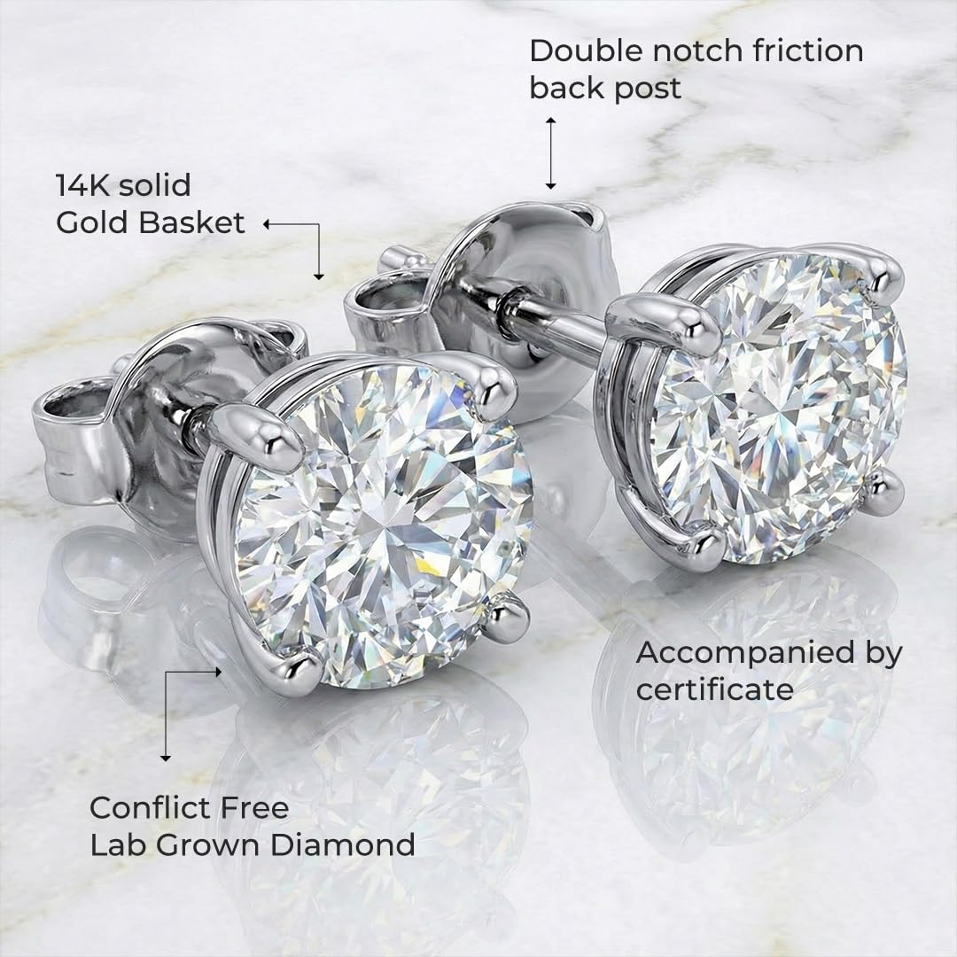 Diamond Earrings Studs for Women | Lab Grown 1/6 CTTW Real 14K White Gold Small Diamond Earrings | Certified by Gemologists | Ideal Valentine's Day Surprise for Wife