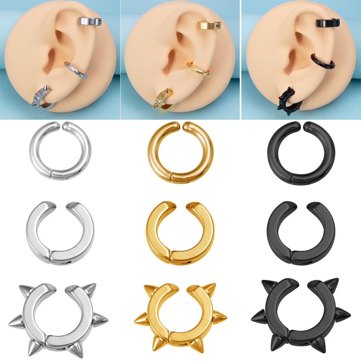 Niaspi 3Pcs Ear Cuff Earrings for Women Men Stainless Steel Non Piercing Clip On Cartilage Earrings Fake Huggie Hoops Earrings Gold/Silver/Black (Black)