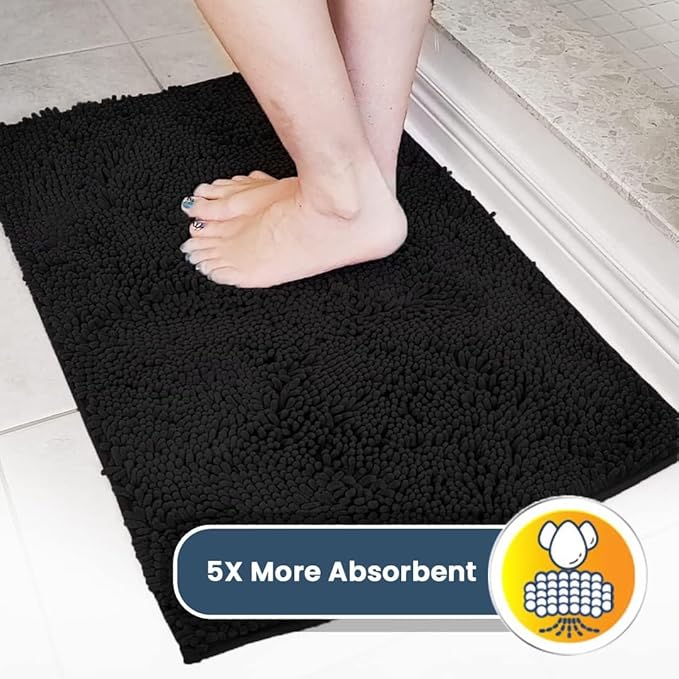 Muddy Mat® 2-Piece Black Medium 30"X19" AS-SEEN-ON-TV Highly Absorbent Microfiber Door Mat, Bath Mat and Pet Rug, Non Slip Thick Washable, Soft Chenille for Kitchen Bathroom Bedroom Indoor and Outdoor