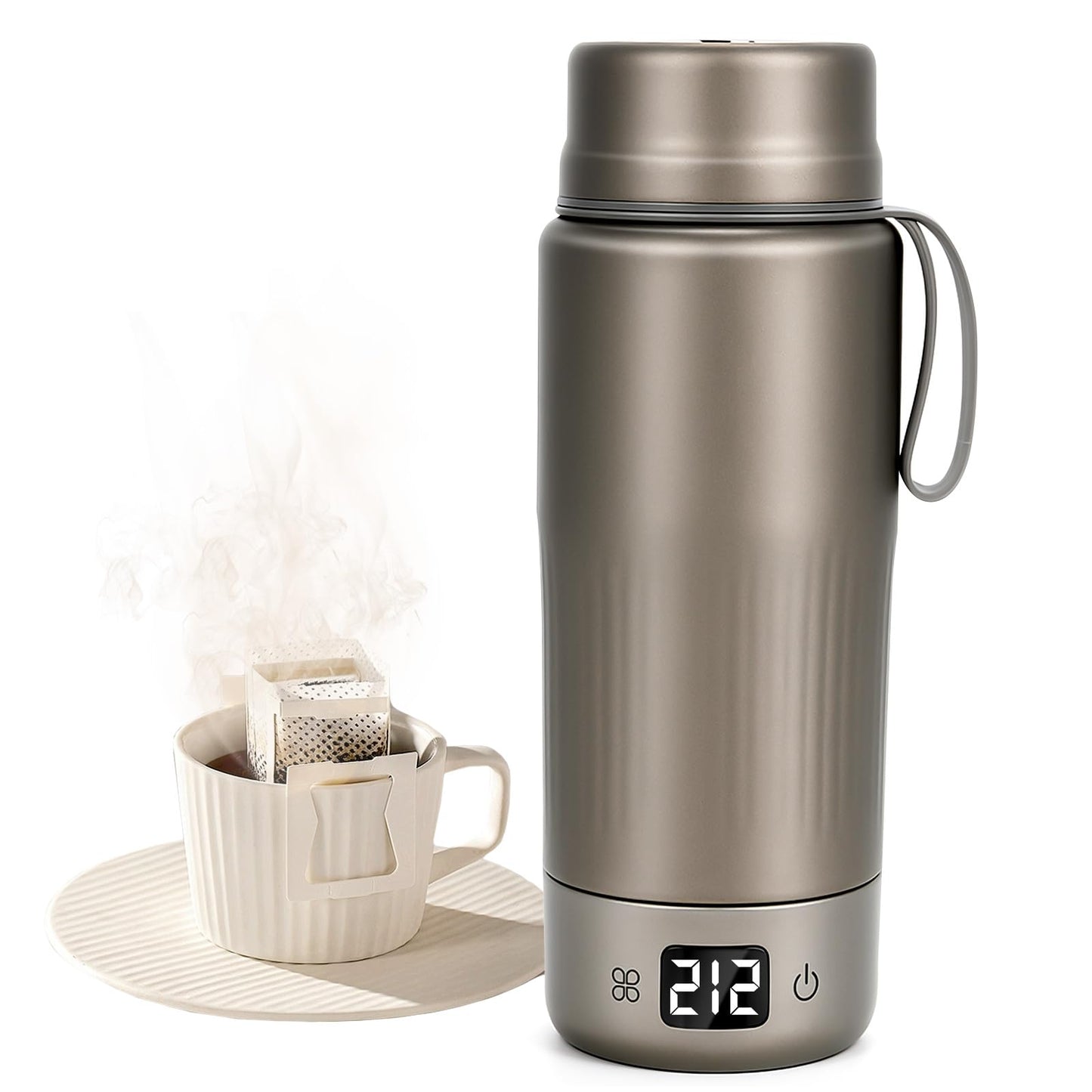 Pure Titanium Travel Kettle,Dual Voltage Portable Electric Kettle 110V-240V Smart Small Water Boiler for Tea & Coffee,12 Temperature Control,Auto Shut Off & Boil Dry Protection (Gray,380ML)
