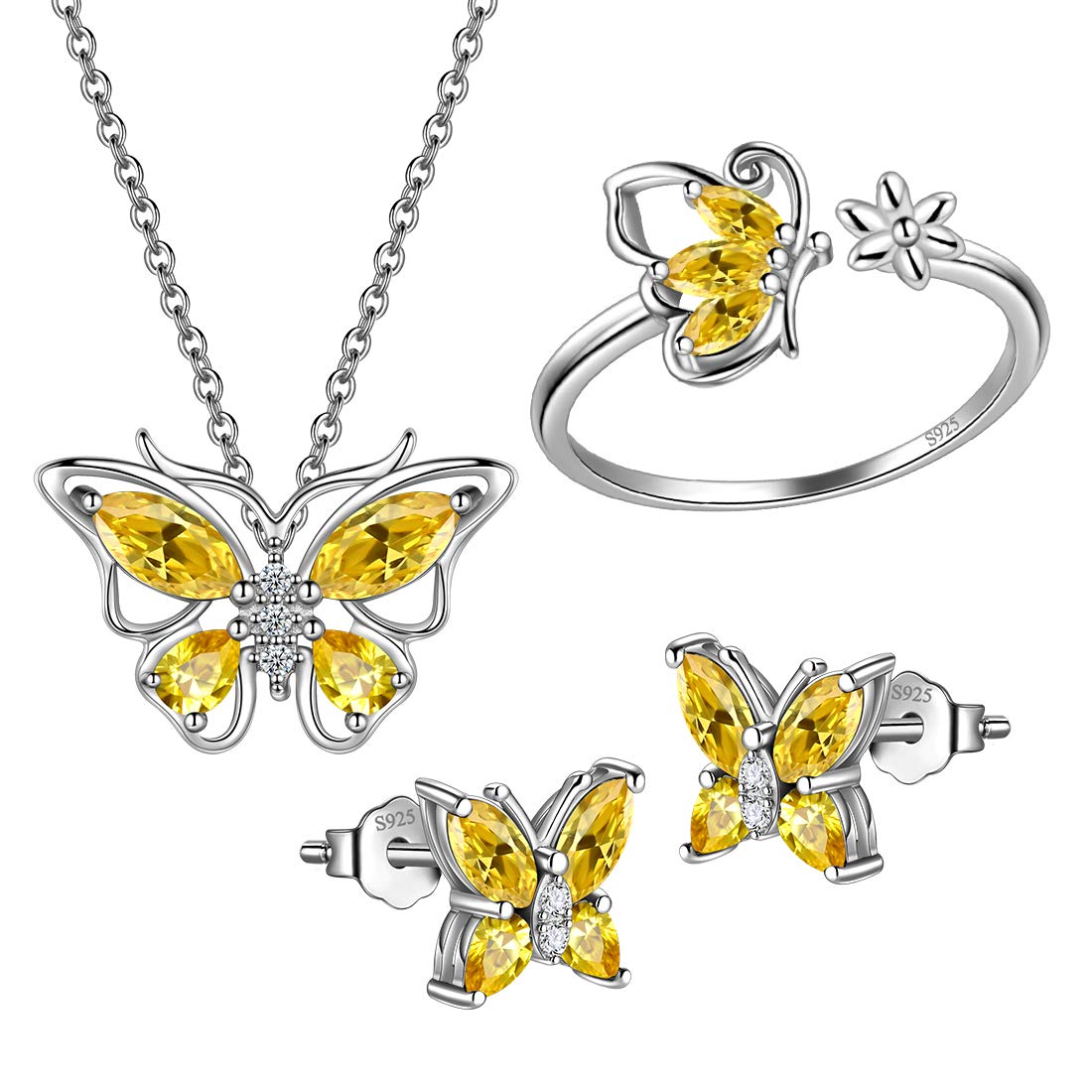 Hipunk Butterfly Yellow Jewelry Sets Birthstone Women 925 Sterling Silver November-Citrine Birth Stone Animal Butterflies Jewelry Sets/Earring/Ring Set Crystal Birthday Jewelry SS0002N