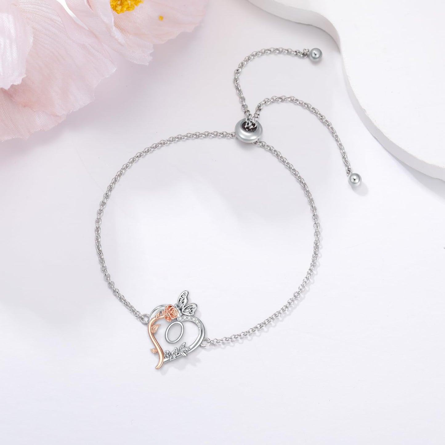 TOUPOP Rose Heart Bracelet for Women Sterling Silver Heart Initial O Letter Bracelet Butterfly Love Jewelry Anniversary Birthday Mothers Day Gifts for Mom Wife Her Girlfriend