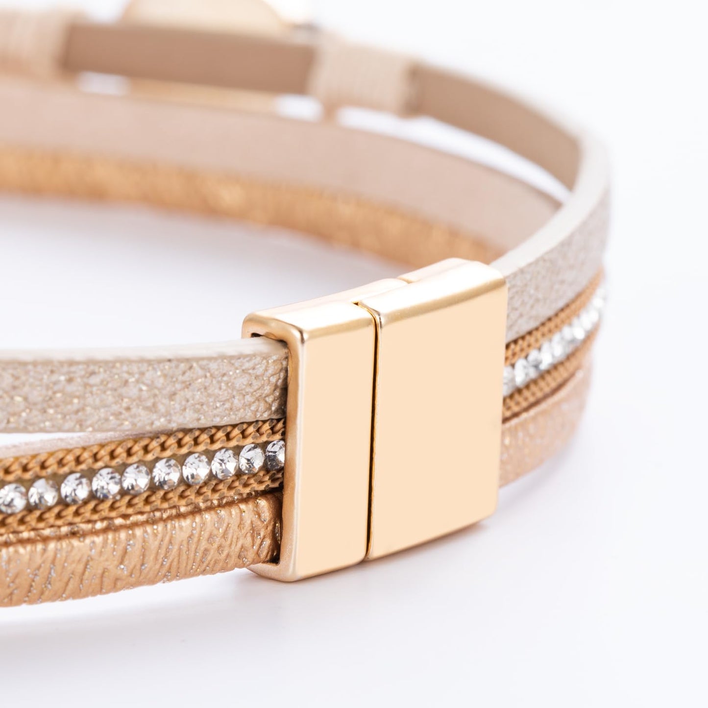 FANCY SHINY Boho Leather Wrap Bracelet Stackable Chunky Crystal Cuff Bracelets with Magnetic Clasp Cowboy Cowgirl Western Summer Beach Outfits Jewelry Gifts for Women (14.7", Gold)