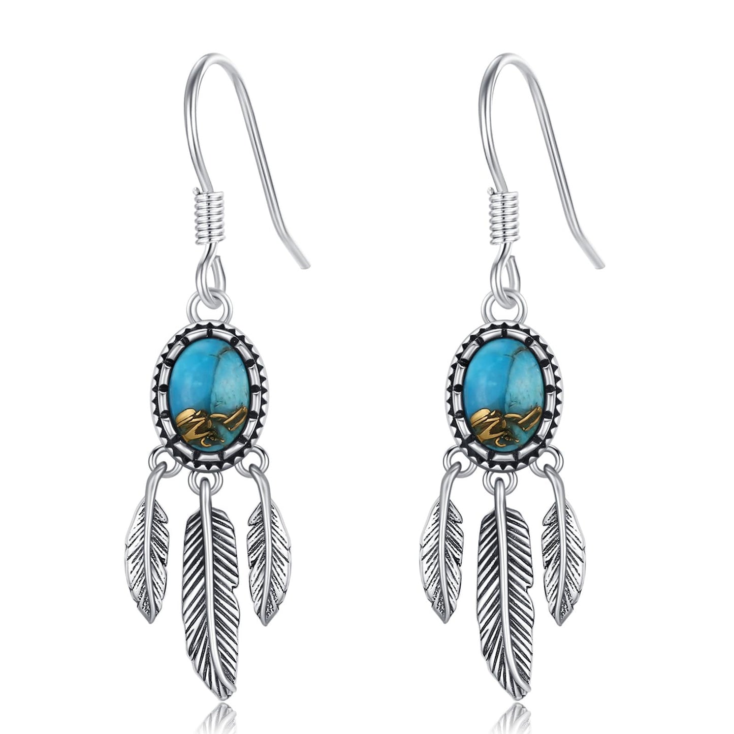 Eetaitai Dream Catcher Dangle Earrings for Women 925 Sterling Silver Natural Turquoise Feather Drop Earrings Native American Jewelry Western Jewelry Gifts for Mom Wife Sister
