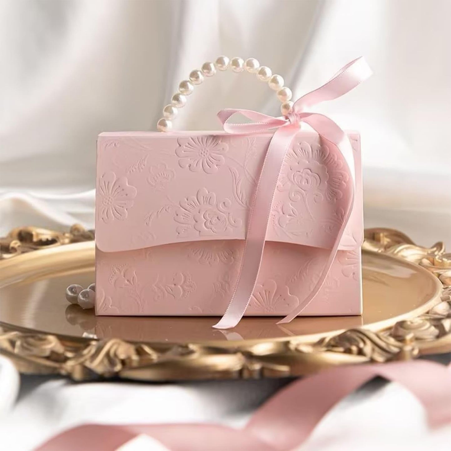 motoeye 10Pcs Pink Pearl Paper Gift Boxes for Wedding Favors, Elegant Bridesmaid and Party Favor Boxes with Ribbon, Ideal for Bridal Shower, Baby Shower, and Special Occasions (Pink, L)
