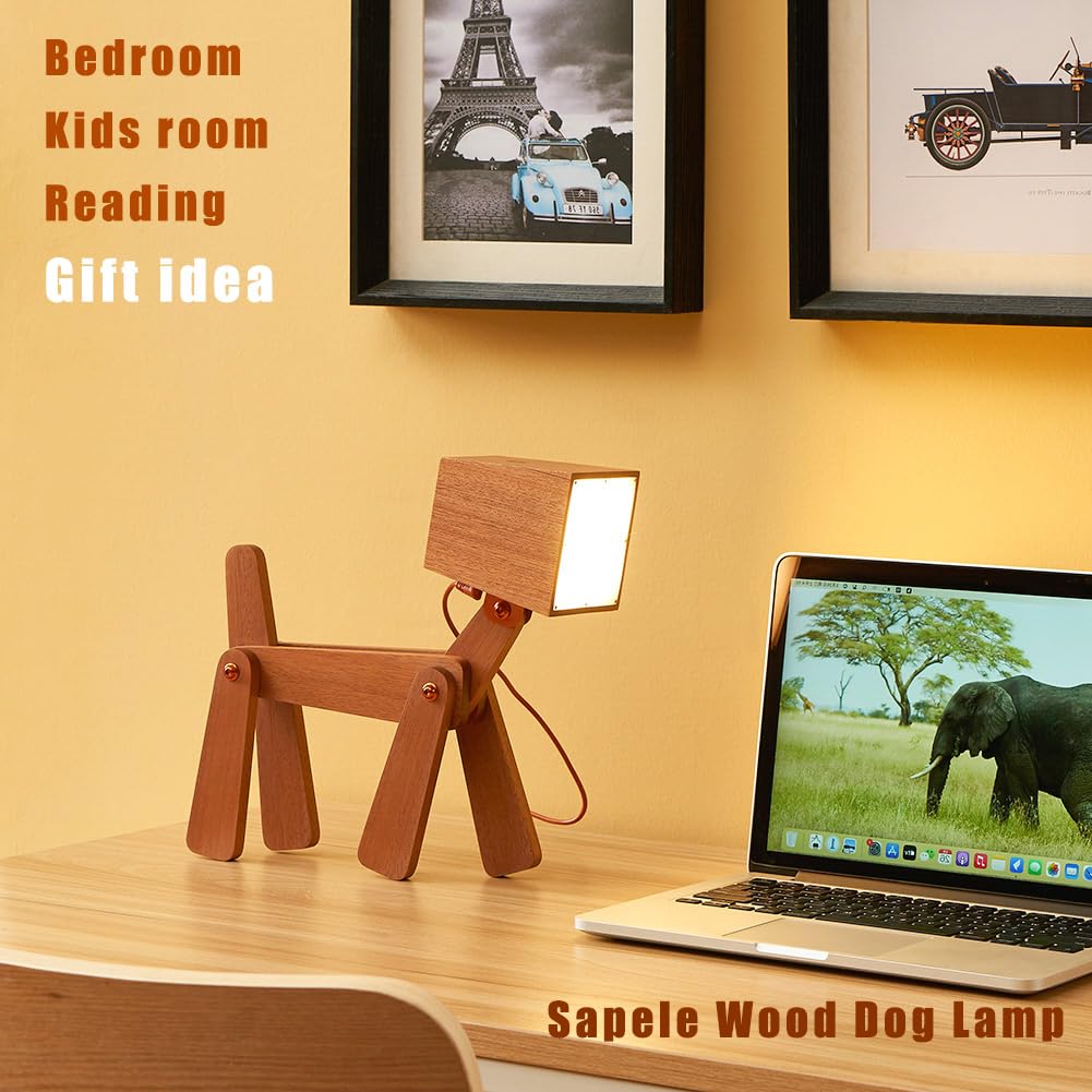 HROOME Novelty Cool Dog Lamp for Kids Room Bedroom Bedside - 3 Levels Dimmable Touch Control Wood Table Lamp Warm White Desk Light Gifts for Living Space Office Farmhouse Dorm (Mini-Sapele Color)