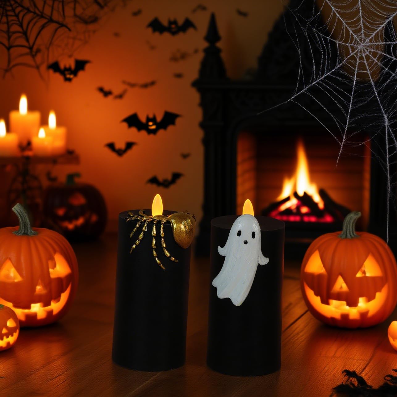 Silverstro Halloween Flameless Candles with Remote & Timer, Real Wax Hand-Carved Painted Ghost Spider LED Candles for Home Party Haunted House Horror Theme Halloween Decor, 3" x 7"" Set of 2"