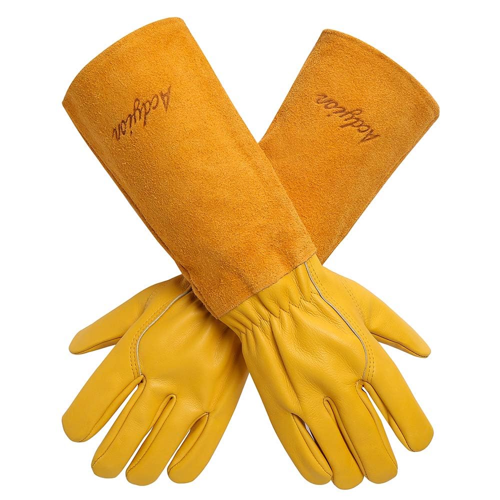 Acdyion Thorn Proof Gardening Gloves for Men & Women, Long Cowhide Leather Rose Pruning Gloves with Forearm Protection, Puncture Resistant Gauntlets for Cacti, Blackberries & Yard Work(yellow,Large)