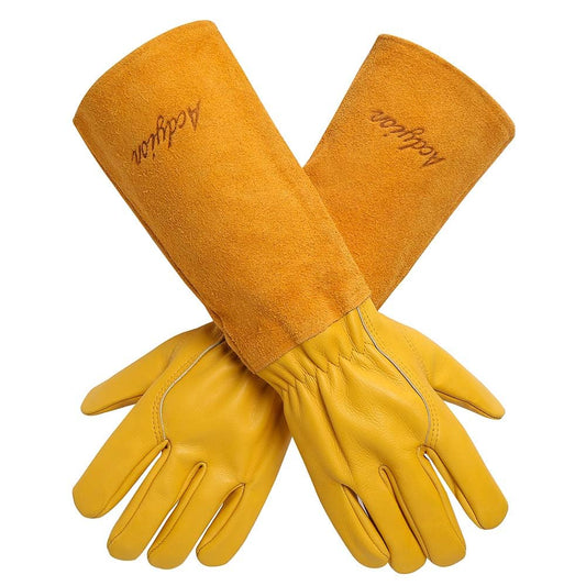 Acdyion Thorn Proof Gardening Gloves for Men & Women, Long Cowhide Leather Rose Pruning Gloves with Forearm Protection, Puncture Resistant Gauntlets for Cacti, Blackberries & Yard Work(yellow,Large)