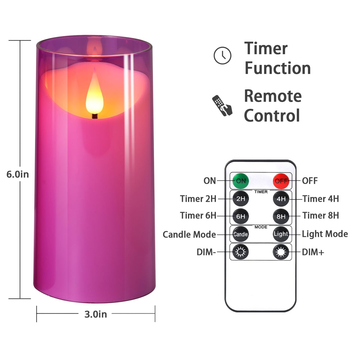 NURADA 3"x6""Flickering Flameless Candles: 3D Wick Unbreakable Acrylic Battery Operated LED Pillar Candles - Battery Candles with Remote and Timer for Table Wedding Centerpieces Party Decor Purple"