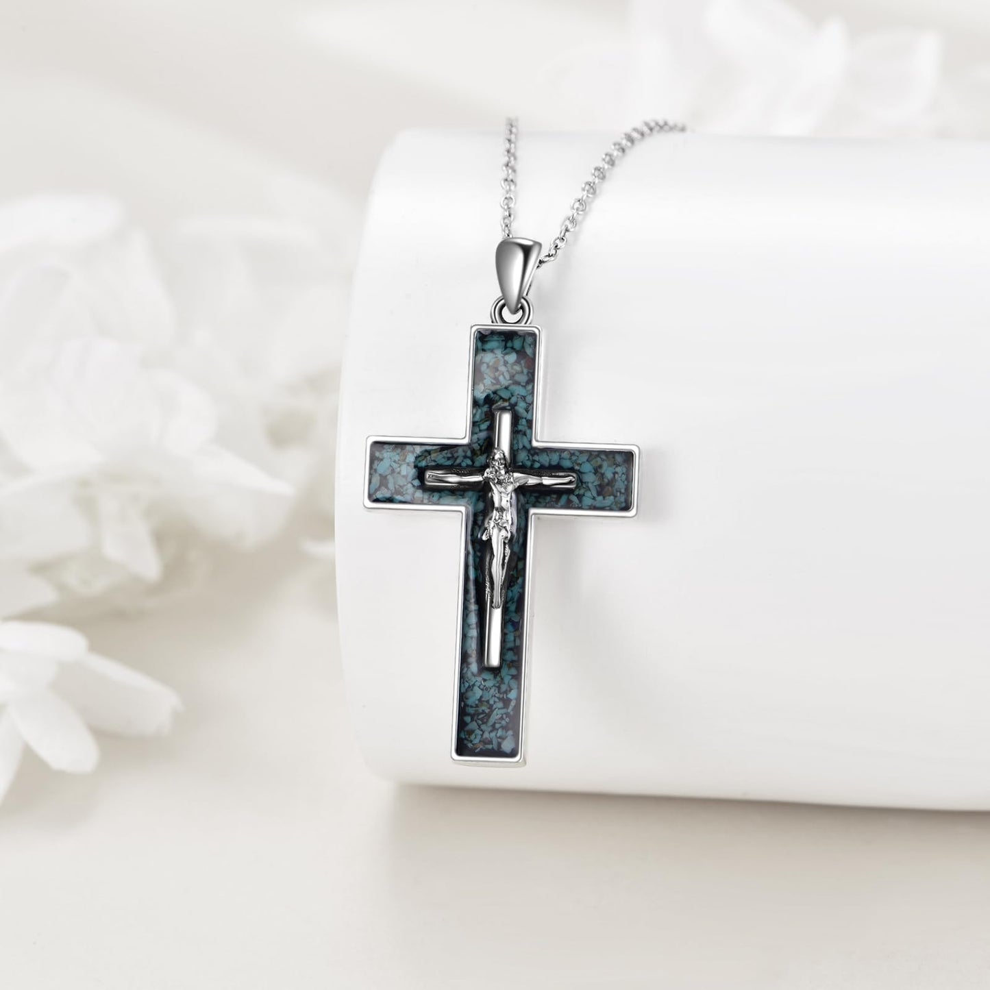 YFN Crucifix Cross Necklace Sterling Silver Jesus Cross Pendant Turquoise Jewelry Christian Gifts for Women Men