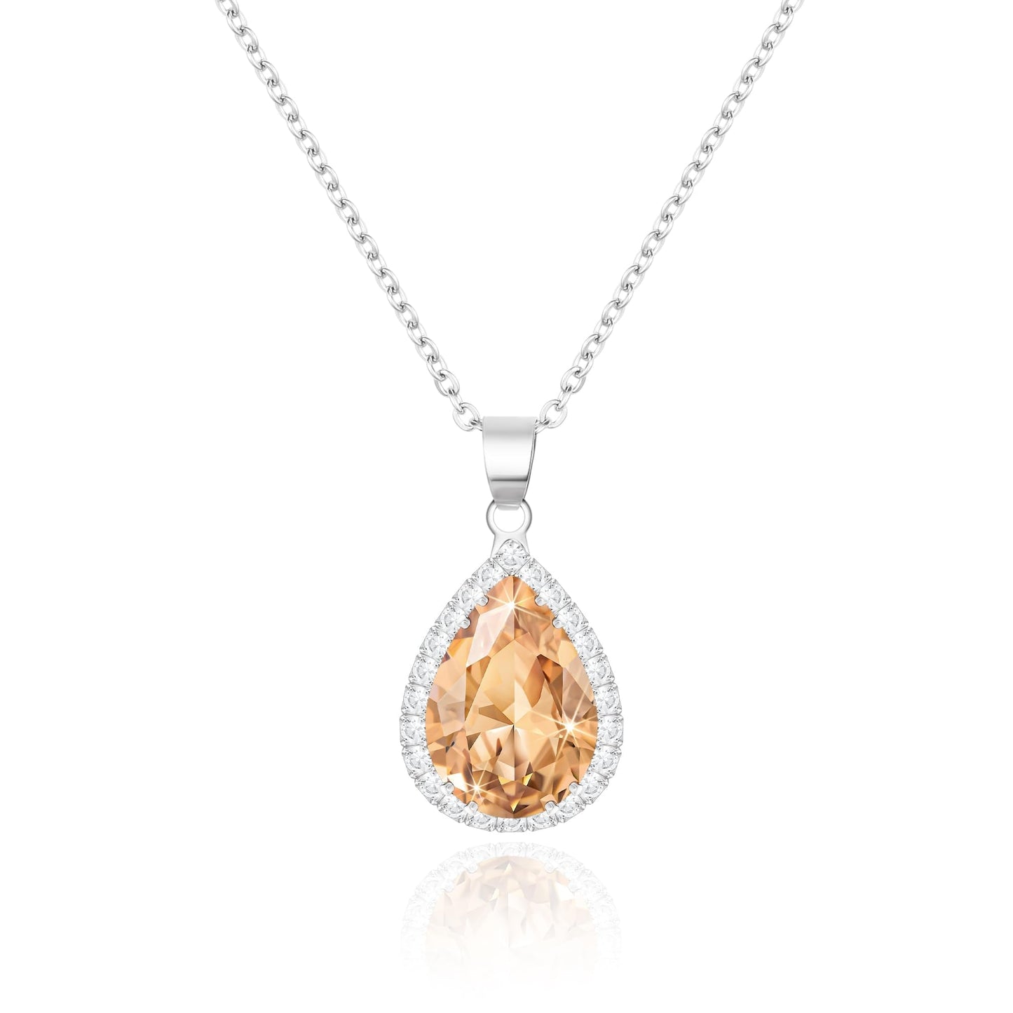 Linawe Silver Color Fake Diamond Pendant Necklace for Women Trendy, Champagne Rhinestone Cubic Zirconia Crystal Moissanite Gemstone Teardrop Necklaces, Dainty Costume Simple Drop Necklace