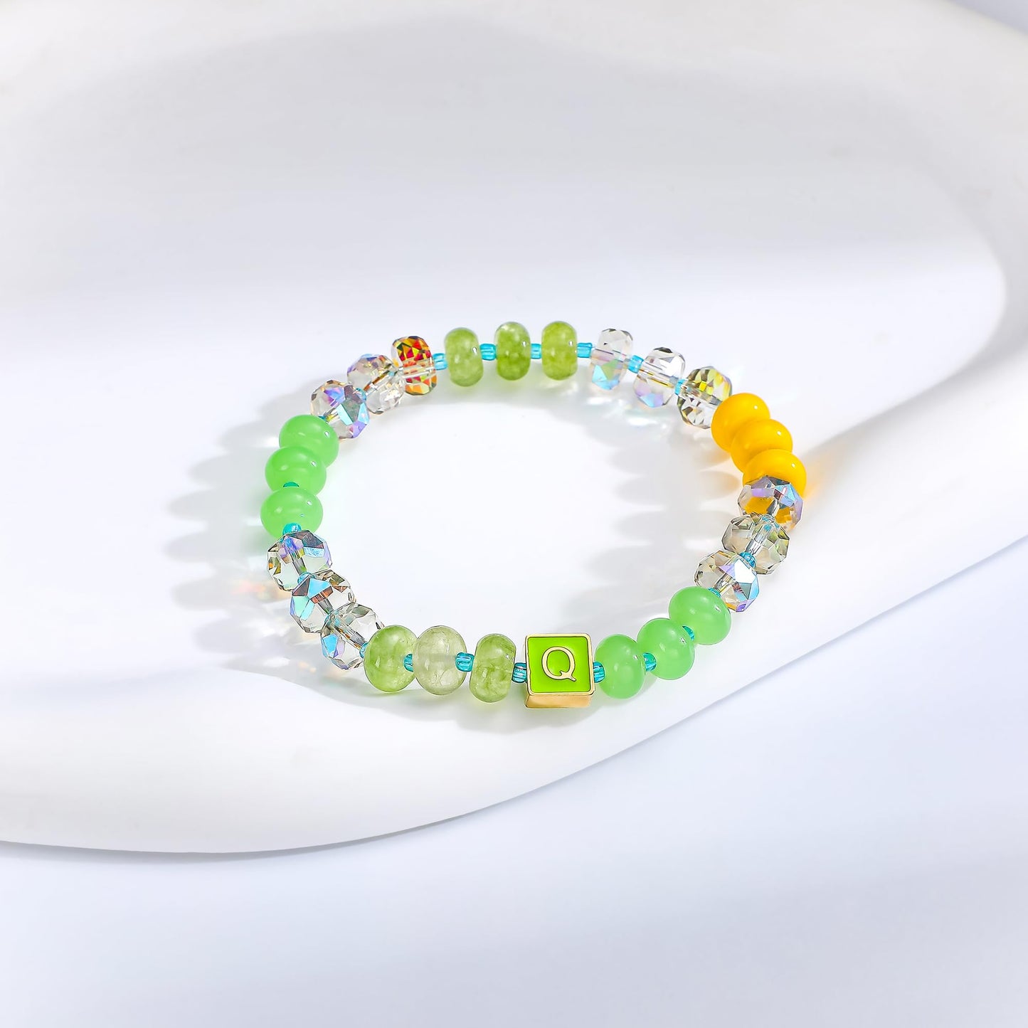 SLYAIH Colorful Beaded Initial Bracelets for Women Boho Crystal Beaded Elastic Stretch Bracelet A-Z Letter Bracelet Handmade Jewelry Gifts for Women
