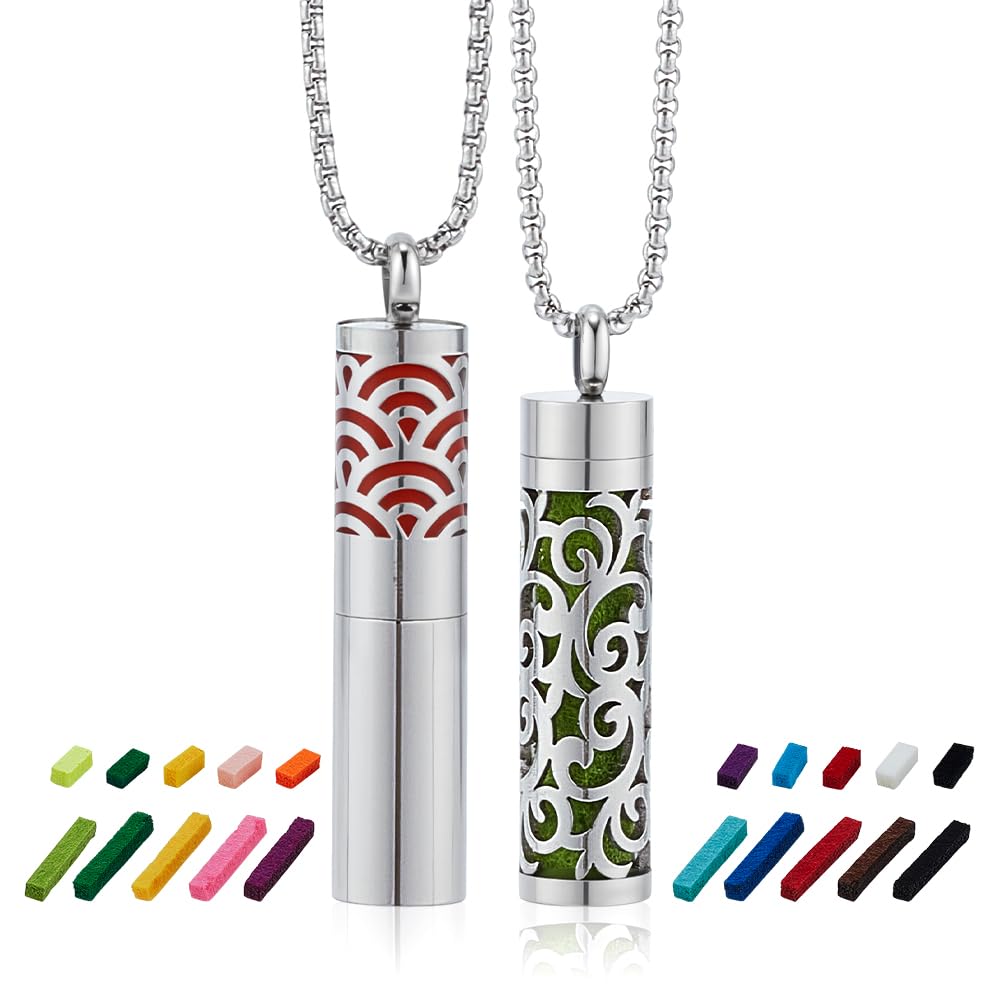 PH PandaHall 2 Styles Essential Oil Diffuser Necklace Aroma Necklaces Pendant Stainless Steel Aromatherapy Pendant with 20pcs Color Felt Pads Hollow Scent Necklace for Men Women Jewelry Birthday Gift