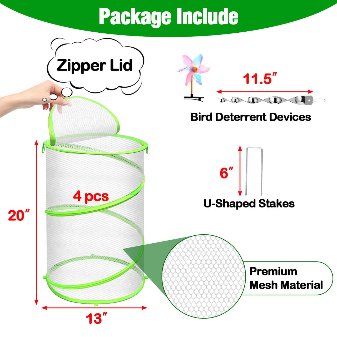 4 Pcs Insect Bird Barrier Netting Mesh with Bird Reflective Devices, Outdoor Garden Protection Cover, Plant Covers, Garden Netting Plant Cover, Protect Plant Fruits Flower from Insect Bird Eating