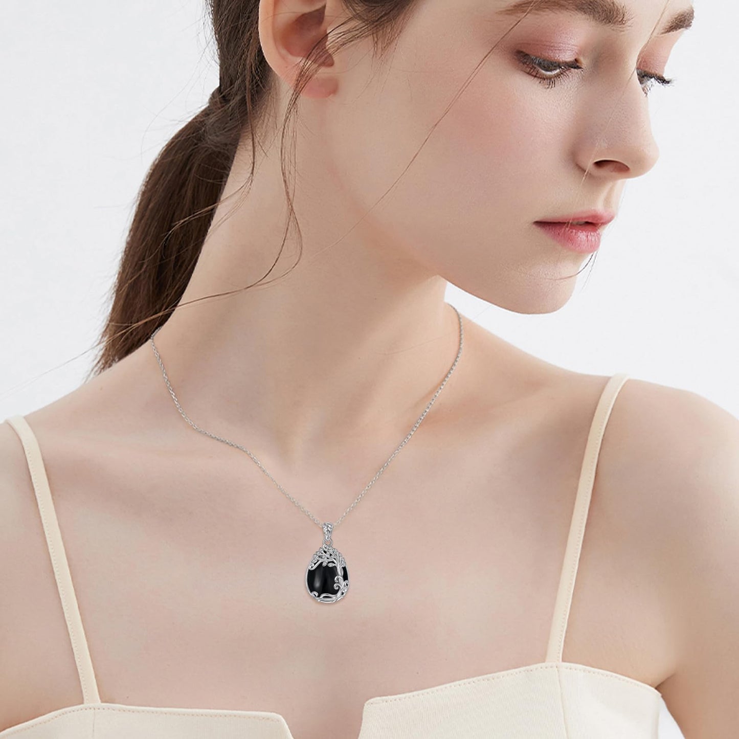 YAFEINI 925 Sterling Silver Black Onyx Necklace Jewelry Tree of Life Teardrop Pendant Black Onyx Gift for Women (MM-Tree of Life Black Onyx Necklace)