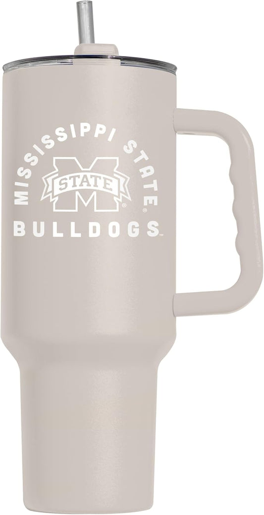 Logo Brands NCAA Mississippi State Bulldogs Sand 40 oz Tumbler with Handle - Stylish Everyday Use Powder Coated-Stainless Steel with Straw- Keeps Cold For Hours