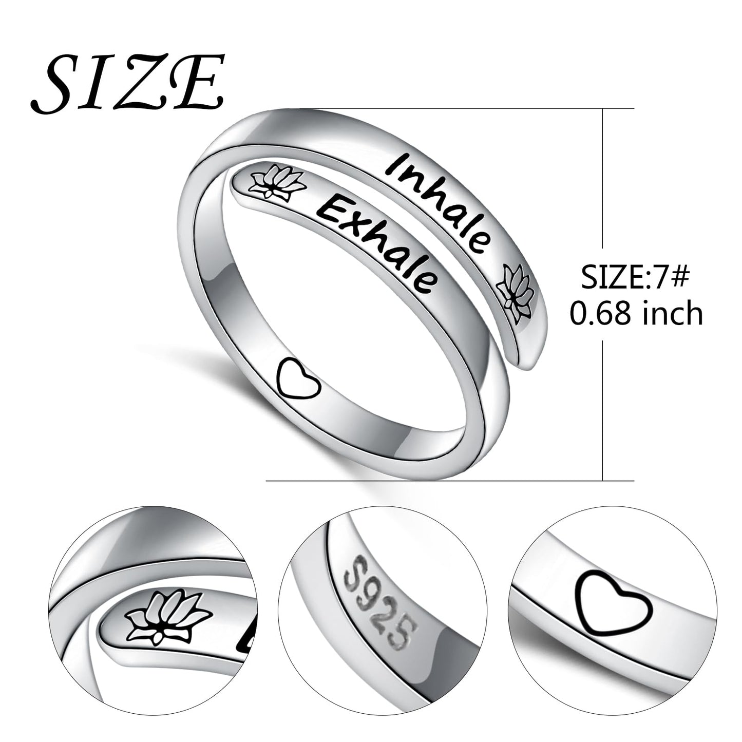 Ladytree Adjustable Inspirational Rings 925 Sterling Silver Yoga Lotus Flower Stacking Wrap Spiral Twist Statement Band Encouragement Hope Ring Jewelry for Women Men(Inhale Exhale)