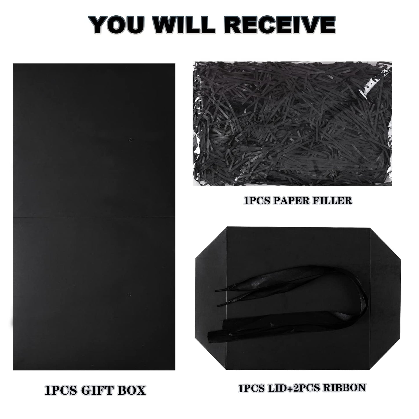 Elephant-package Medium Gift Box with Lids, Ribbon and Paper Filler, for Men Women Birthdays, Father's Day, Bridal Showers, Weddings, Baby Showers - Collapsible, 8.7", 1 Pack, Black