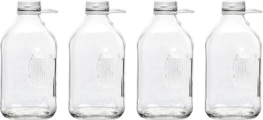 The Dairy Shoppe Glass Milk Bottle, Heavy Glass with 48 mm Extra Lid, Creamery Style (64 oz/4 pk, Half Gallon)