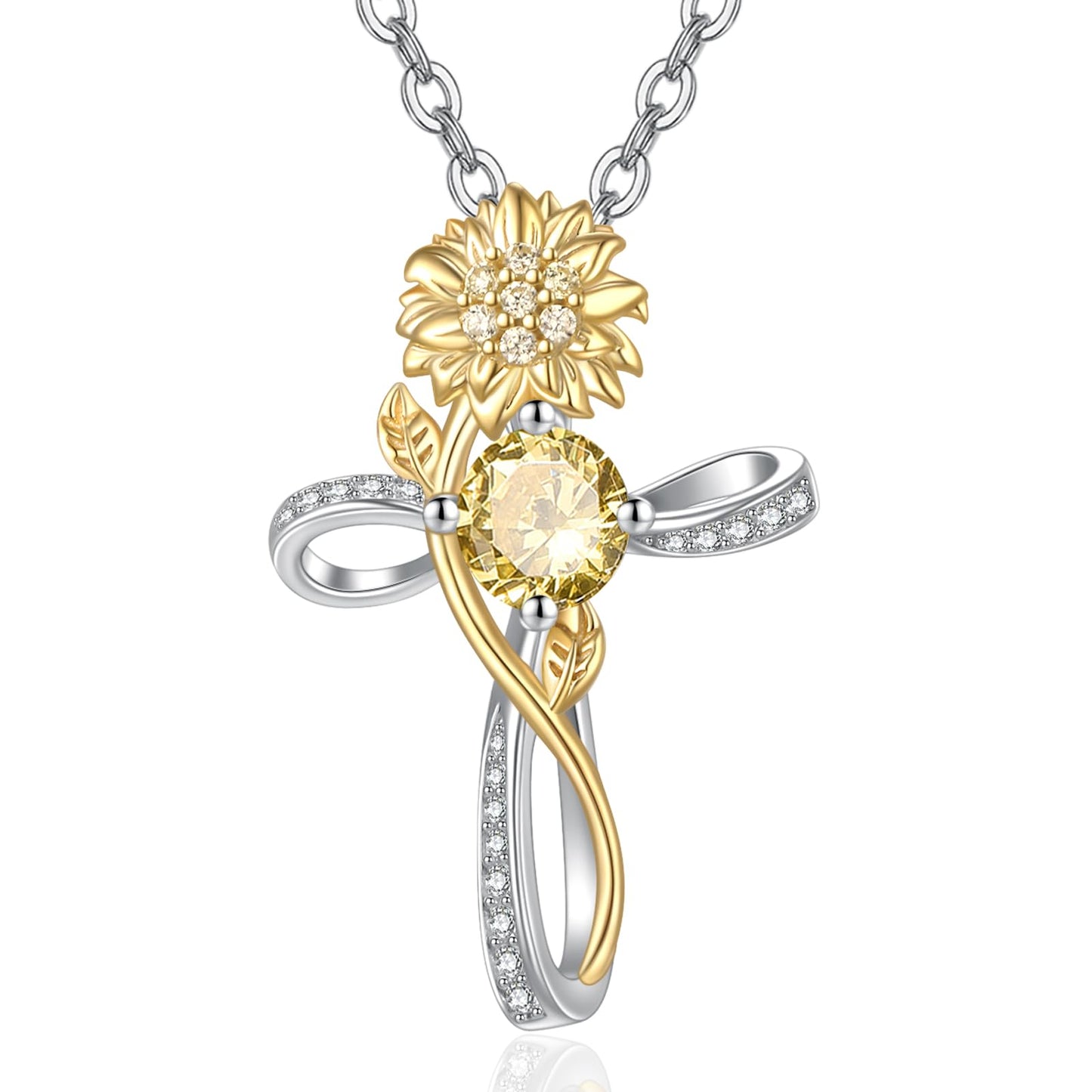 Cross Necklace for Women Sterling Silver Cross Pendant Jewelry with Sunflower Citrine November Birthstone Necklace Christian Religious Baptism First Communion Confirmation Birthday Gifts for Women