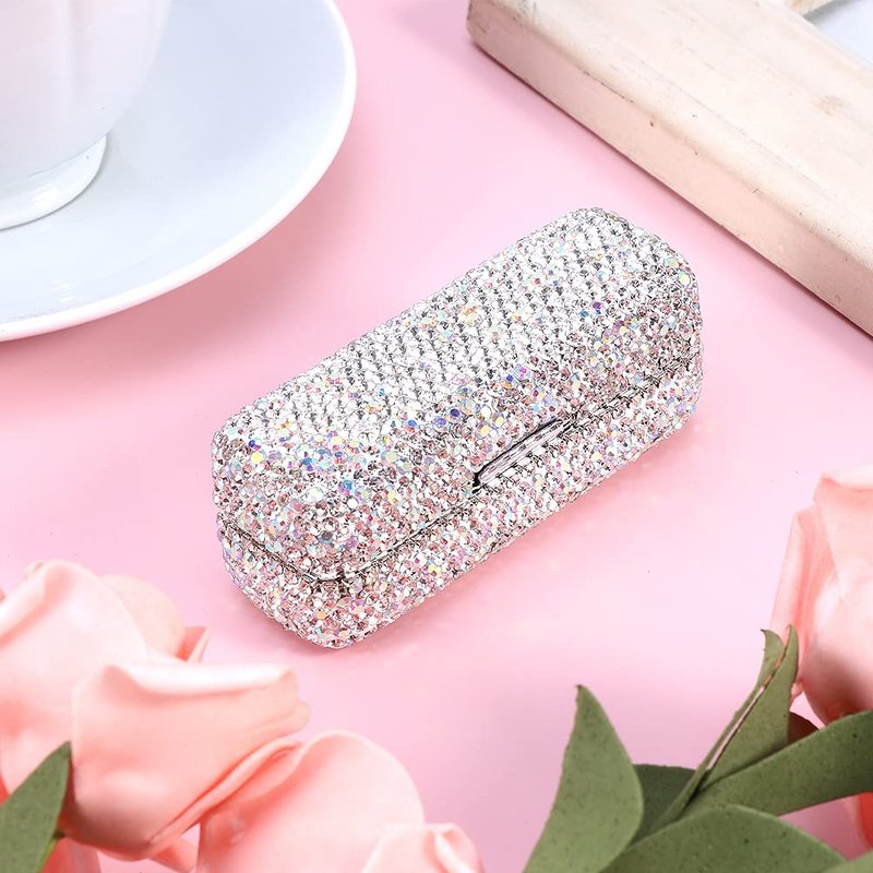 HAKUNA Lipstick Case with Mirror,Rhinestone Crystal Lipstick Organizer Diamonds Lip Gloss Organizer Portable Travel Lipstick Organizer Makeup Cosmetic Storage Holder