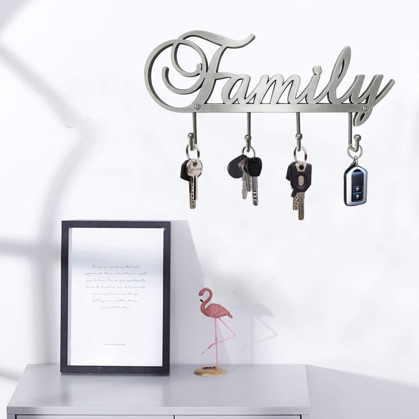 Myartte Key Holder- Key Hooks Decorative for Wall Decorative Zinc Alloy Key Organizer Rack with 4 Hooks -with Screws (Antique Sliver Family)