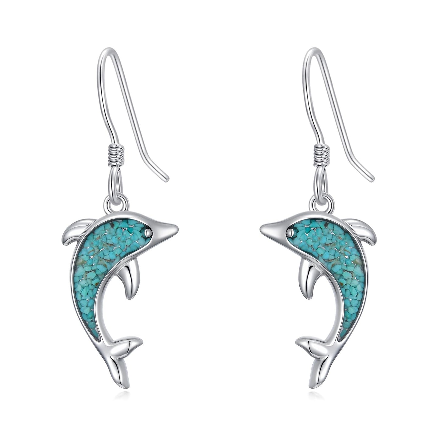 HPQQ Dolphin Earrings 925 Sterling Silver Turquoise Dolphin Dangle Earrings Ocean Beach Themed Jewelry Mother's Day Jewelry Gifts for Women