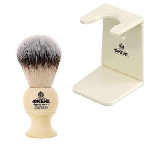 Kent BK4S Shaving Brush with Ultra-Soft Silvertext Synthetic Bristles and Faux Ivory Resin Handle with VSB5 Small White Plastic Shaving Brush Stand for Self Adhesive Hang Drying Shave Brush