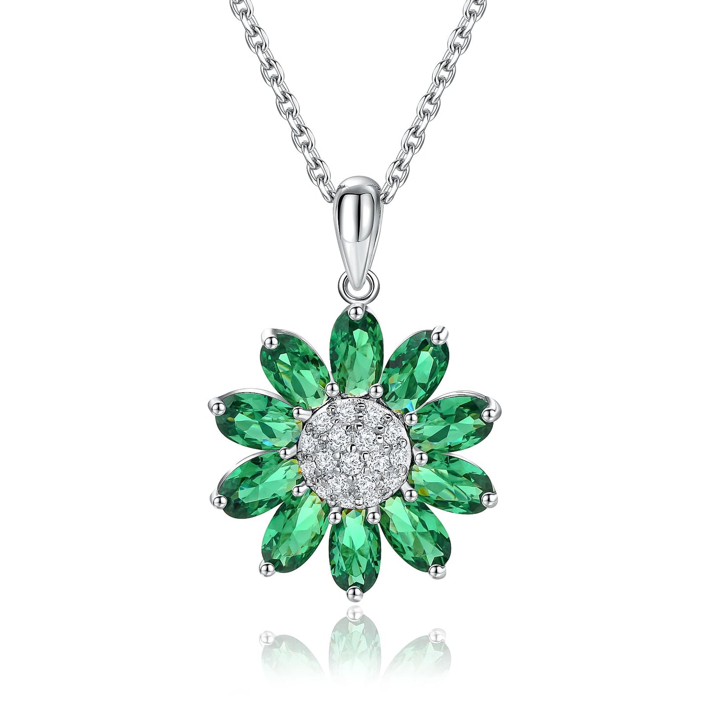 RANDES Emerald Sunflower Necklaces for Women Sterling Silver May Birthstone Necklace Dainty Green Stone Flower Pendant Necklace