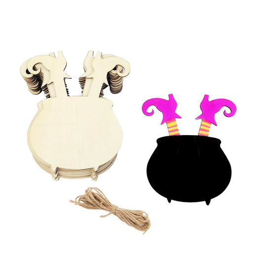 20 Pack 6 Inch Unfinished Wood Witch Cauldron Cutouts Wooden Witch Cauldron Kettle Crafts Cauldron Hanging Ornaments DIY Halloween Tags for Halloween Home Party Decoration