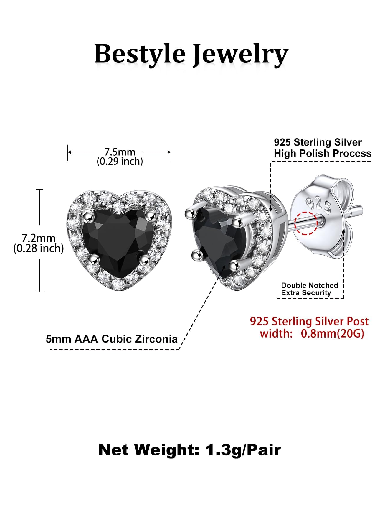 Bestyle 925 Sterling Silver Heart Birthstone Stud Earrings for Women, Black Onyx Earrings Black Diamond Stud Earrings, Women Black Silver Earrings for Everyday Wear