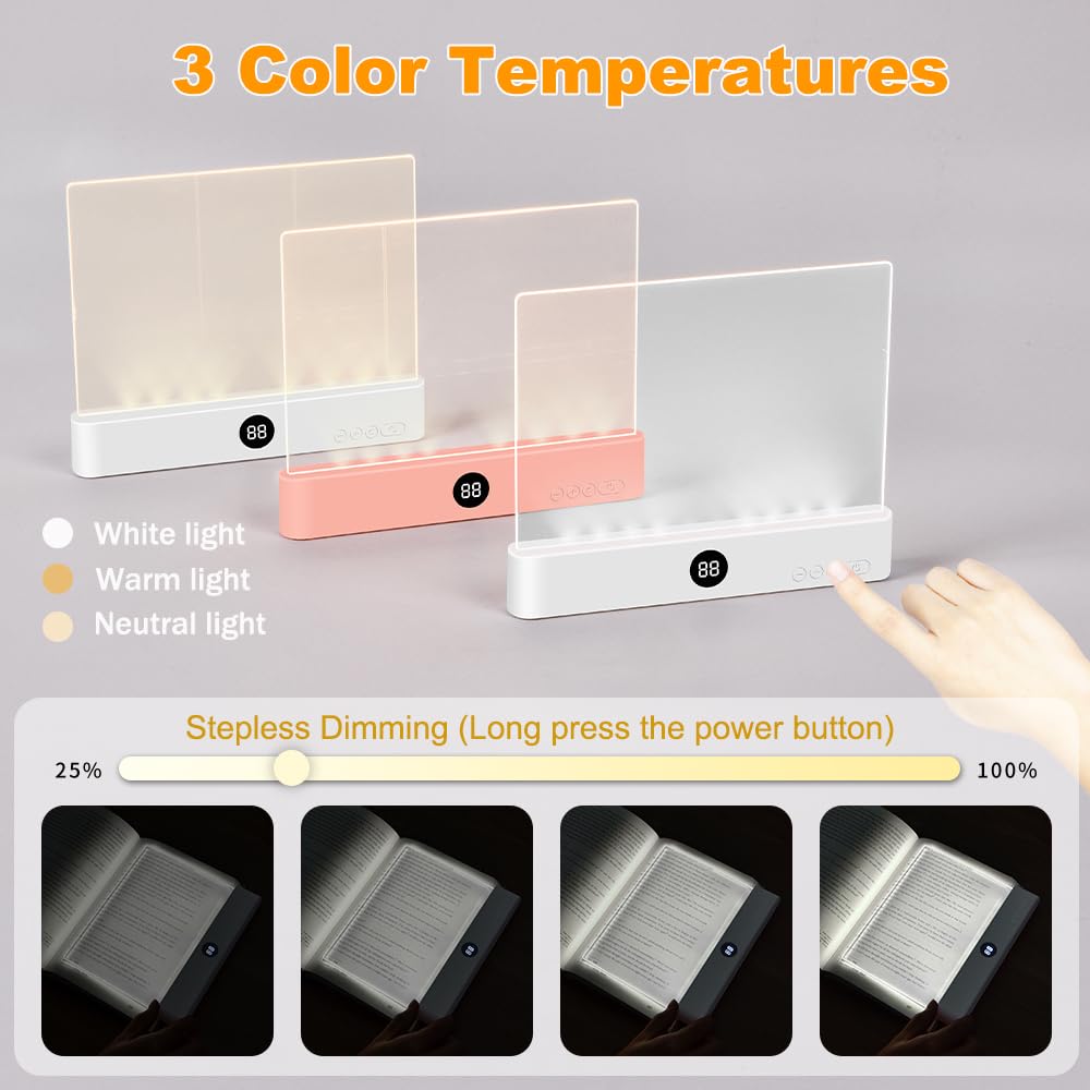 Book Light, Rechargeable Clear LED Flat Reading Light with 3 Colors & Timer, Dimmable Panel Plate Lamp Book Full Page Light for Reading in Bed at Night, Funny Gifts for Readers Kids Women Men (Pink)