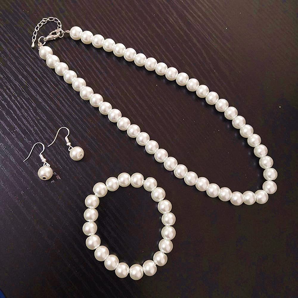 tenghong2021 Fashion Classic Faux Pearl Jewelry Set Necklace Bracelet Earrings for Women Best Gift
