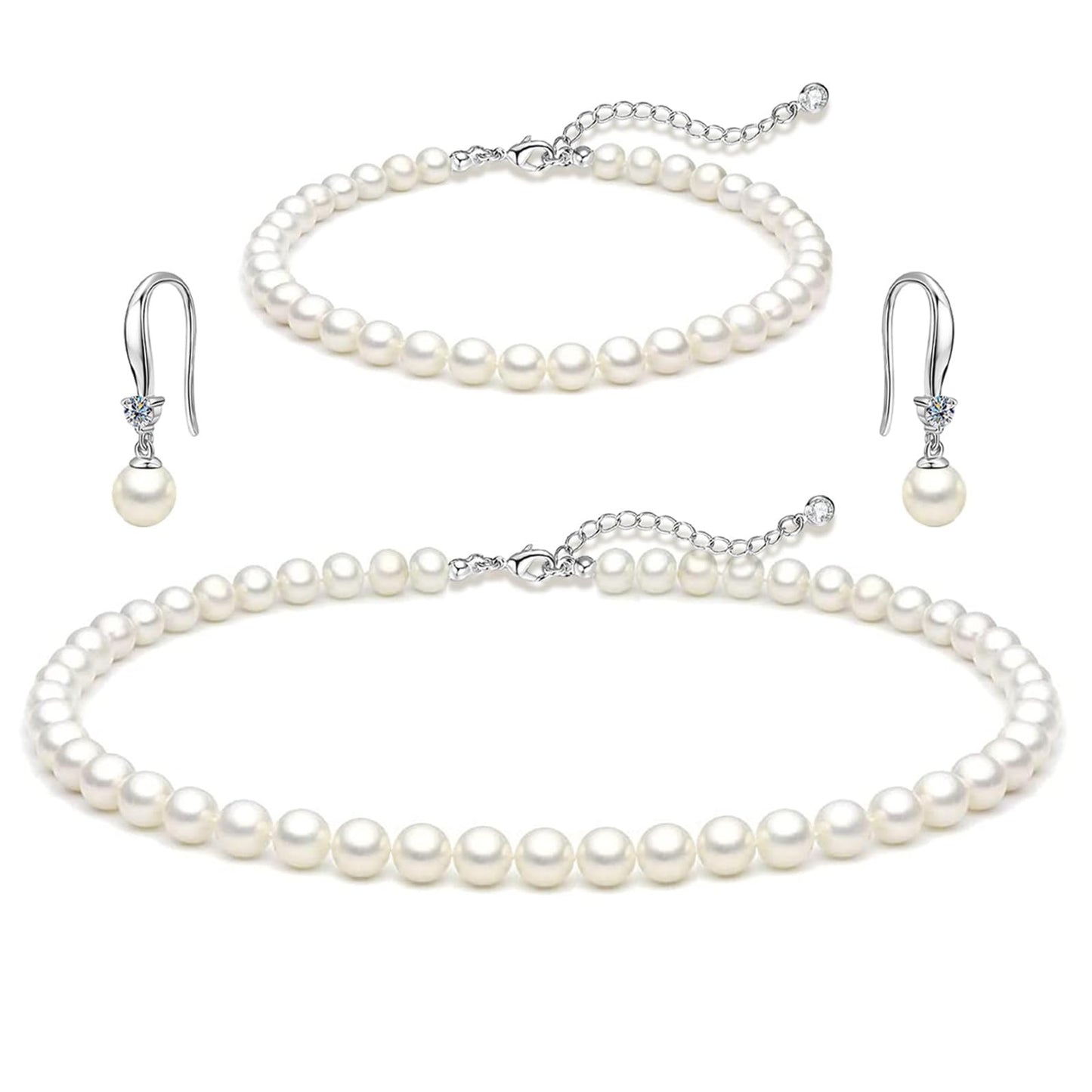 Zeffy Pearl Necklace and Earring Set for Women, White Round Faux Pearl Necklace Bracelet Earring Set Jewelry for Brides 3PCS