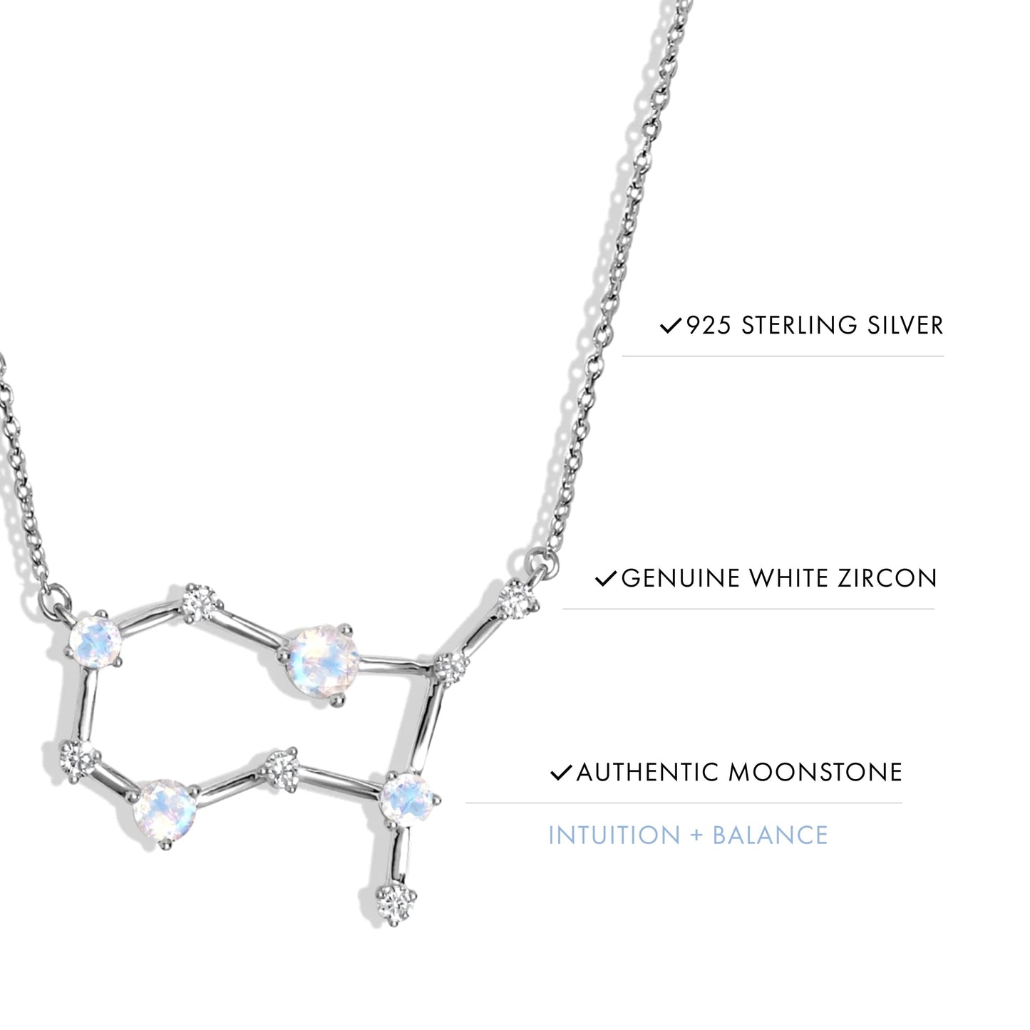 Moon Magic Moonstone Necklace - Gemini Zodiac Constellation / 925 Sterling Silver - 18k Rose Gold - Yellow Gold Rainbow Moonstone Necklaces for Women/Authentic Rainbow Crystal Jewelry