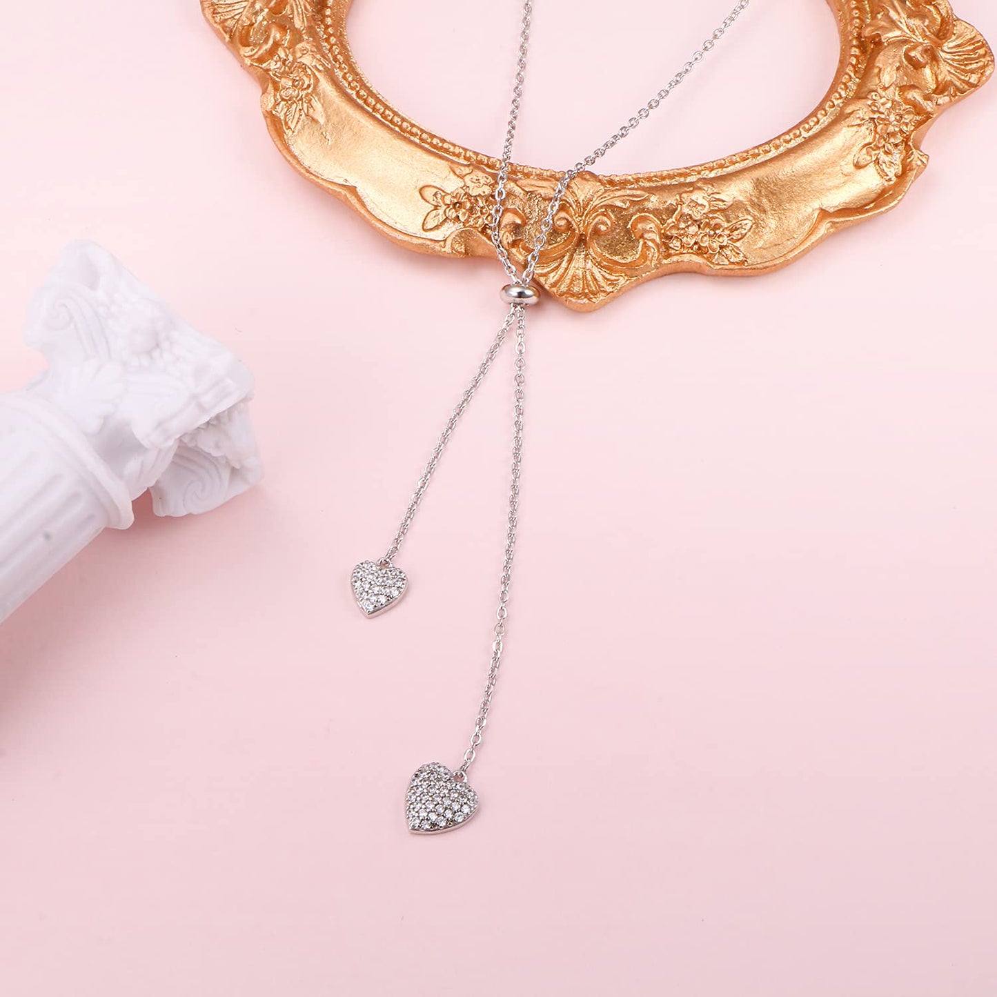 FLYOW 30 Inch Long Chain Dainty Lariat Necklace Simple Style 925 Sterling Silver Heart CZ Pendant Adjustable Y Shaped Necklace Jewelry Valentine's Day Jewelry