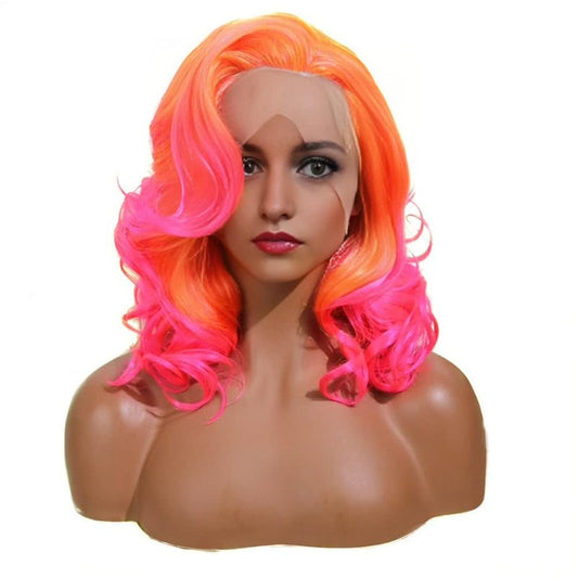 Wiginway Orange Pink Synthetic Lace Front Wig With Side Parting 14 Inch Drag Queen Wavy Wig Ombre Short Bob Wigs For Black Women