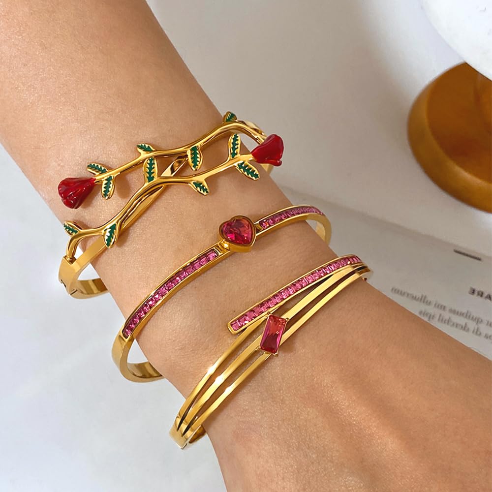 hotoo Rose Floral Stackable Bangle Sets For Women - 18K Gold Plated Stainless Steel Bangle Bracelets Sets Red Heart Gold Bangle Set For Christmas Mother's Day Trendy Jewelry Gifts