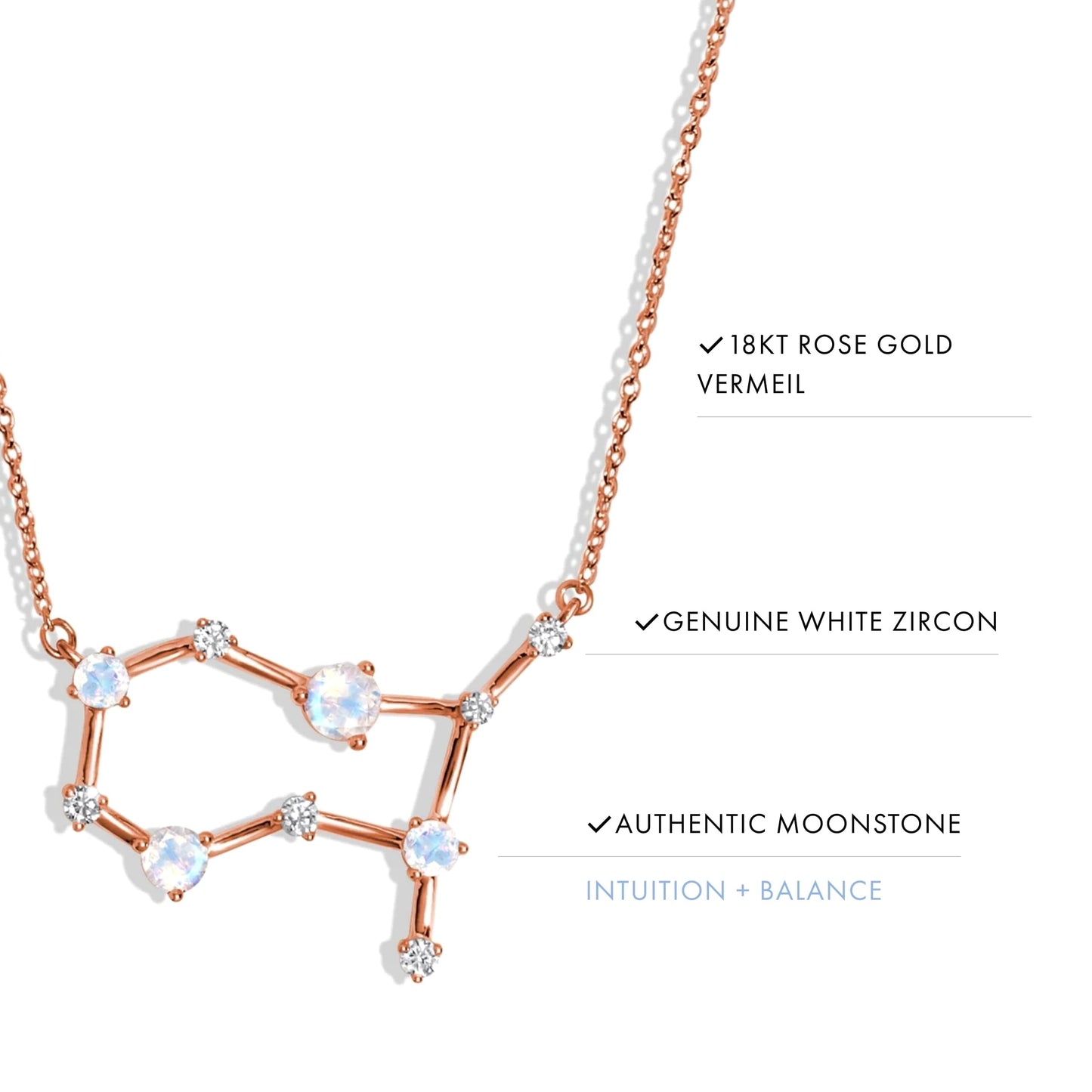 Moon Magic Moonstone Necklace - Gemini Zodiac Constellation / 925 Sterling Silver - 18k Rose Gold - Yellow Gold Rainbow Moonstone Necklaces for Women/Authentic Rainbow Crystal Jewelry