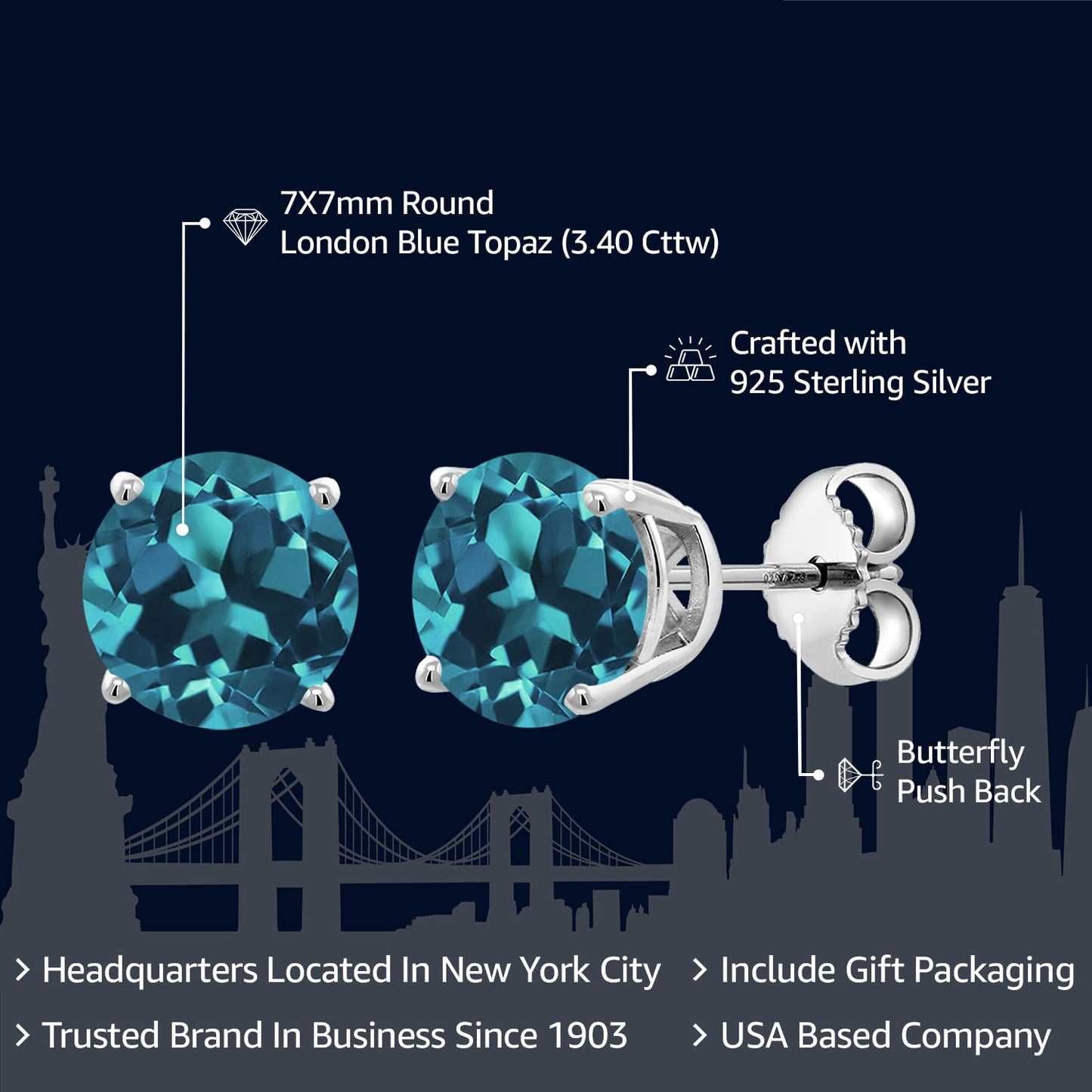 Gem Stone King 2-4 Cttw Round Gemstone Birthstone Stud Earrings For Women Men | 925 Sterling Silver | Round 7MM | Fine Jewelry Gifts for Women Her Mom Wife Men | London Blue Topaz-November