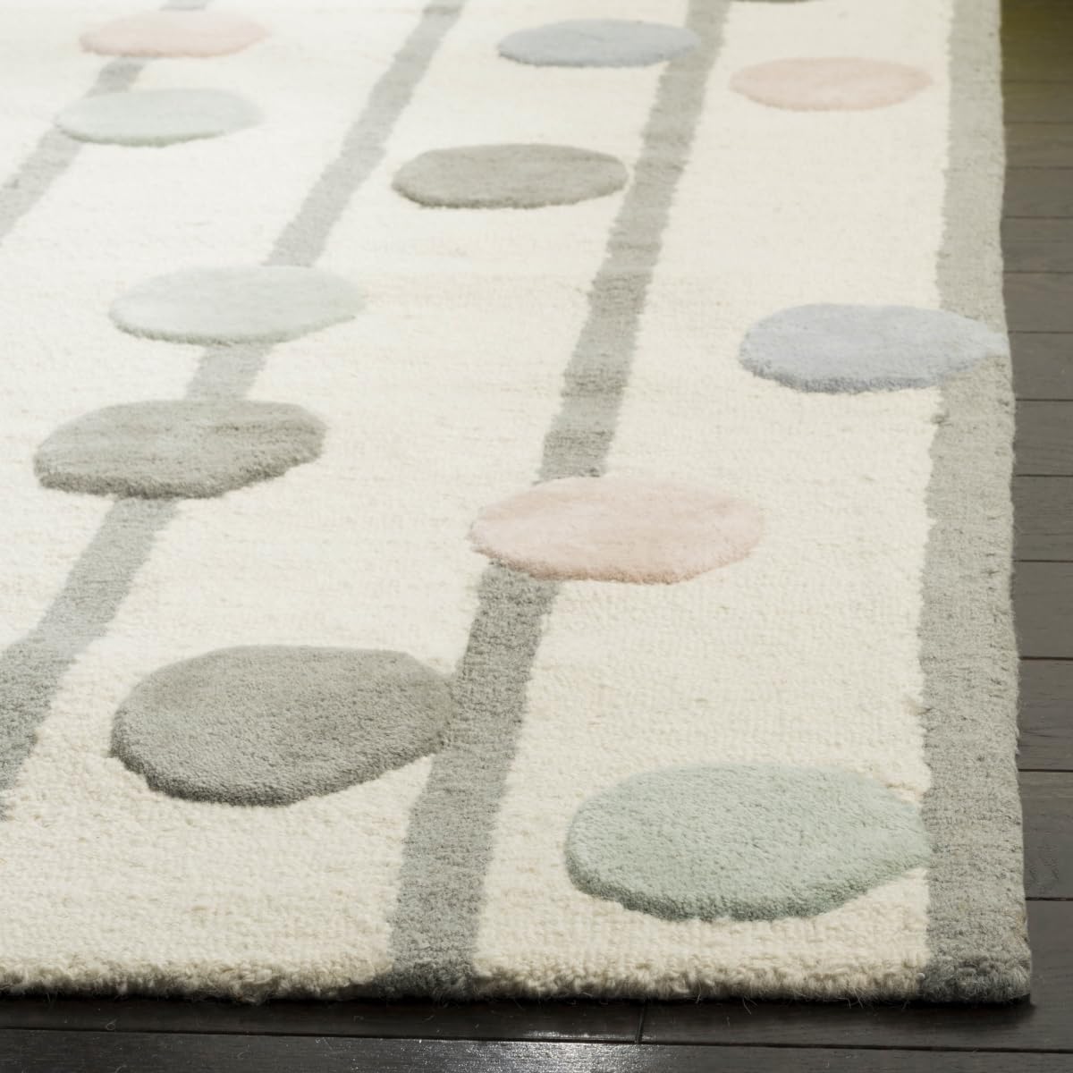 SAFAVIEH Area Rug 8x10 - Kids Collection - Large - Ivory & Multi, Handmade Wool, Polka Dot Stripe, Ideal for Bedroom, Playroom, Nursery, Boys & Girls Room (SFK909A)
